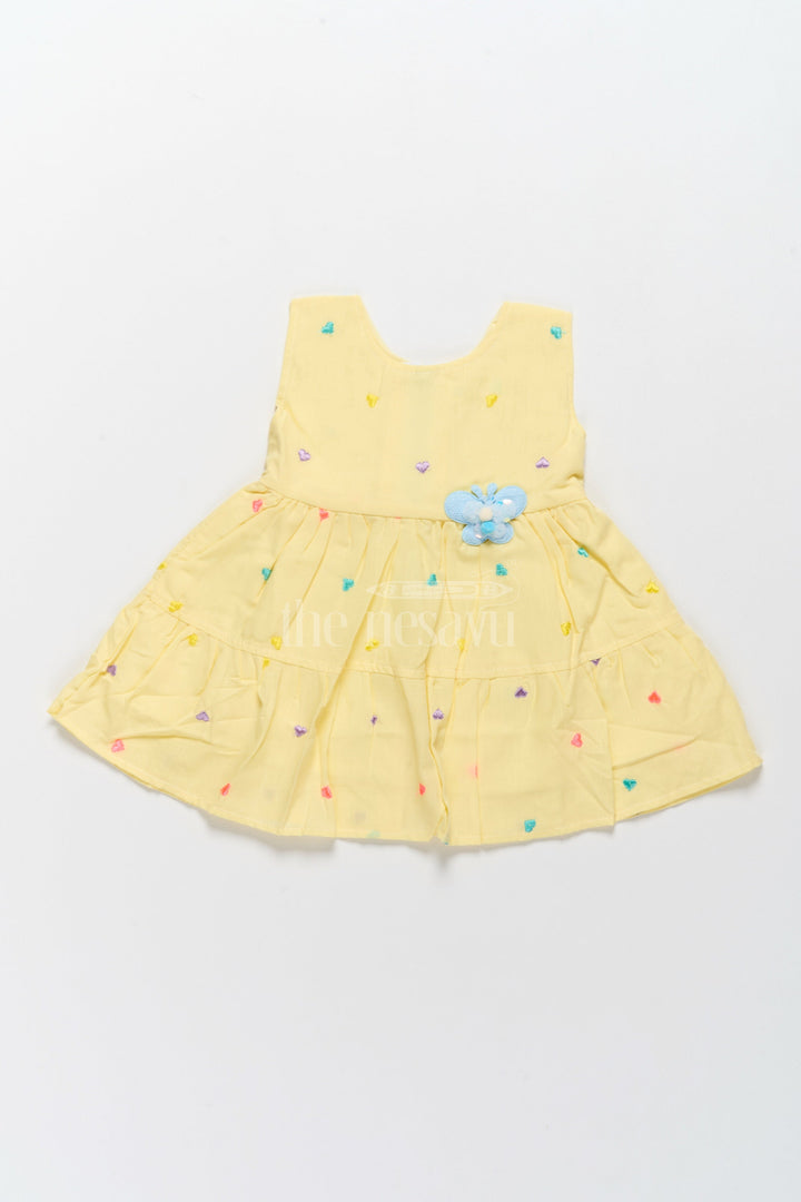 The Nesavu Baby Cotton Frocks Baby Cotton Yellow Short Frock with Colorful Heart Embroidery and Flower Detail Nesavu 14 (6M) / Yellow BFJ694B-14 Nesavu Baby Cotton Yellow Short Frock Colorful Heart Embroidery Flower Detail