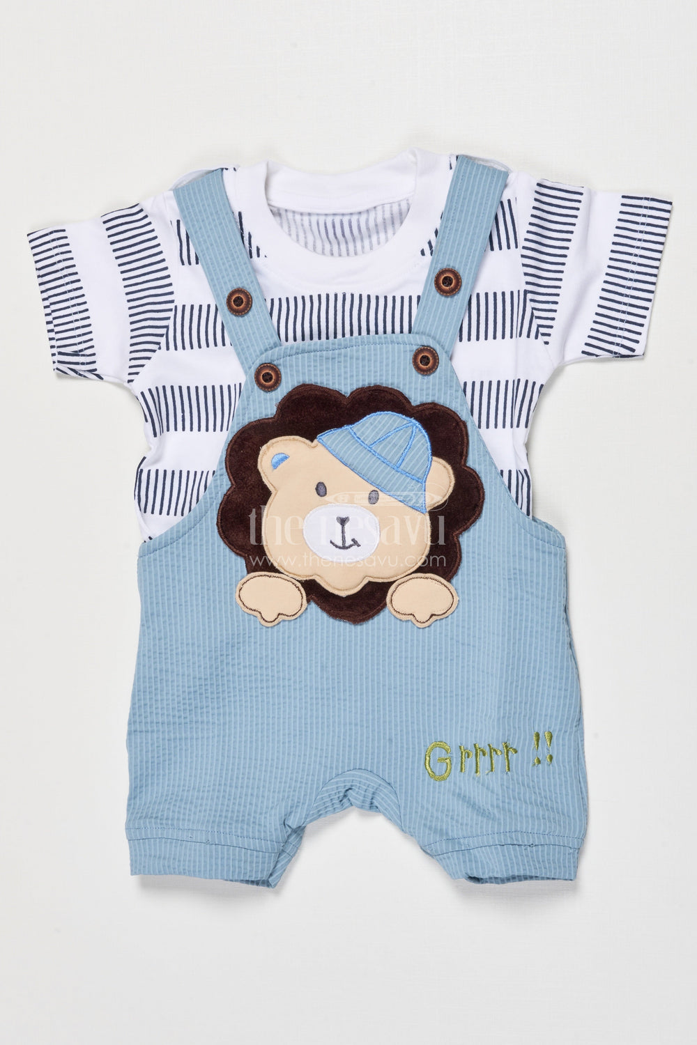 The Nesavu Baby Dungarees Baby Dungaree Set with Embroidered Bear Motif for Daily Cuteness Nesavu 14 (6M) / Blue BCS519A-14 Nesavu embroidered baby dungaree cotton set bear motif  perfect everyday outings play