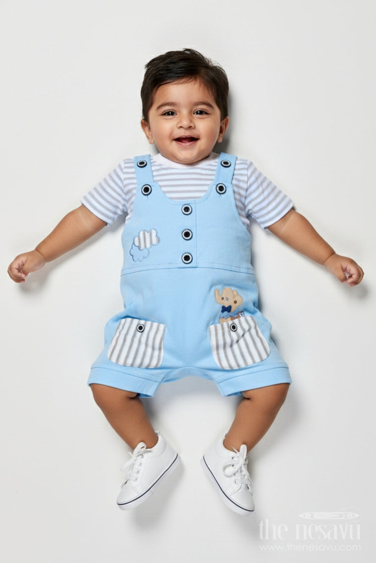 The Nesavu Baby Dungarees Baby Dungaree Set with Embroidery for Casual Play and Day Outings Nesavu 14 (6M) / Blue BCS512B-14 Nesavu embroidered baby dungaree set cotton everyday comfort playful outings