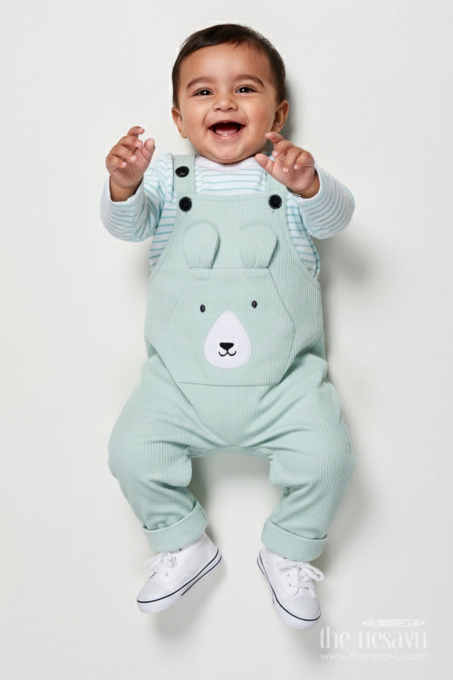 The Nesavu Baby Dungarees Baby Dungaree Set with Embroidery for Comfortable Everyday Play Nesavu 14 (6M) / Green BCS524A-14 Nesavu cotton baby dungaree set animal embroidery play daily comfort