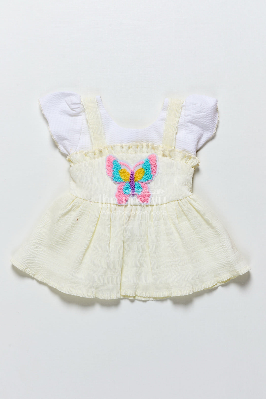 The Nesavu Baby Frocks Baby Frock in Light Blue Seersucker Cotton with Butterfly Patch Nesavu 14 (6M) / Yellow BFJ851B-14 Nesavu light blue butterfly baby frock in seersucker cotton