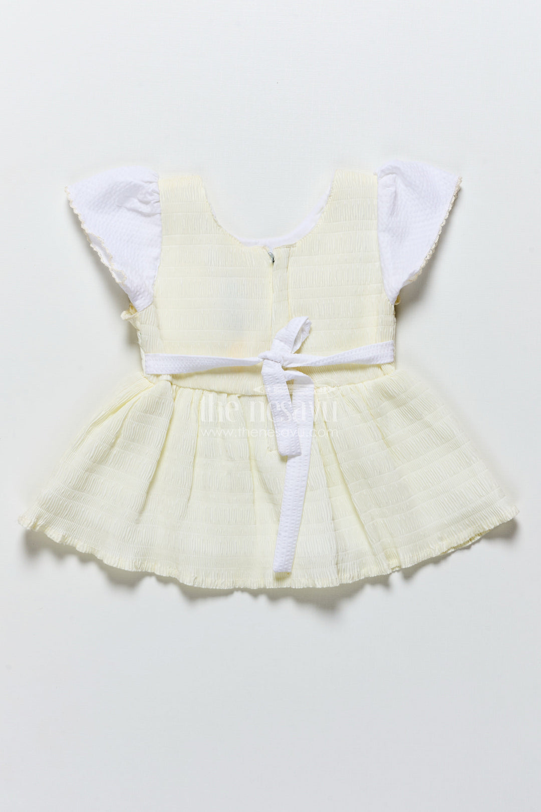 The Nesavu Baby Frocks Baby Frock in Light Blue Seersucker Cotton with Butterfly Patch Nesavu Nesavu light blue butterfly baby frock in seersucker cotton