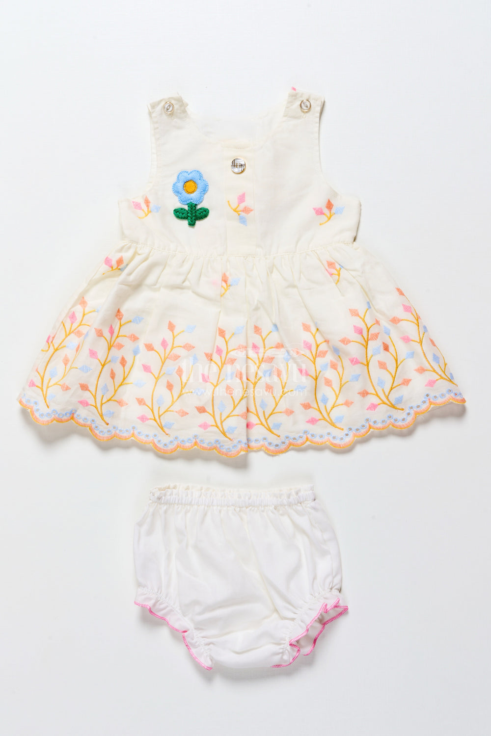 The Nesavu Baby Frocks Baby Frock with Rainbow Leaf Embroidery and Floral Patch Nesavu 14 (6M) / White BFJ850B-14 Nesavu cream baby frock with rainbow embroidery and floral detail