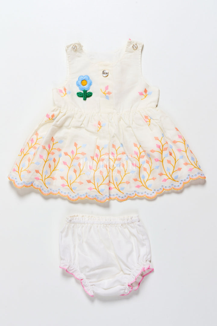 The Nesavu Baby Frocks Baby Frock with Rainbow Leaf Embroidery and Floral Patch Nesavu 14 (6M) / White BFJ850B-14 Nesavu cream baby frock with rainbow embroidery and floral detail