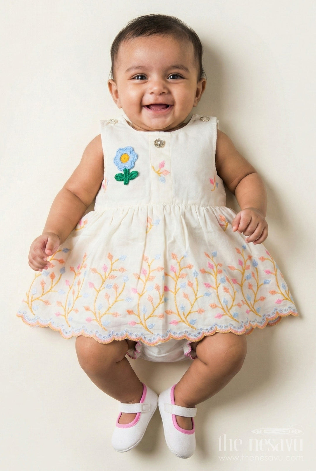 The Nesavu Baby Frocks Baby Frock with Rainbow Leaf Embroidery and Floral Patch Nesavu 14 (6M) / White BFJ850B-14 Nesavu cream baby frock with rainbow embroidery and floral detail
