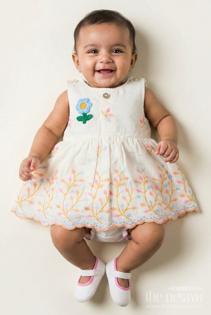 The Nesavu Baby Frocks Baby Frock with Rainbow Leaf Embroidery and Floral Patch Nesavu 14 (6M) / White BFJ850B-14 Nesavu cream baby frock with rainbow embroidery and floral detail