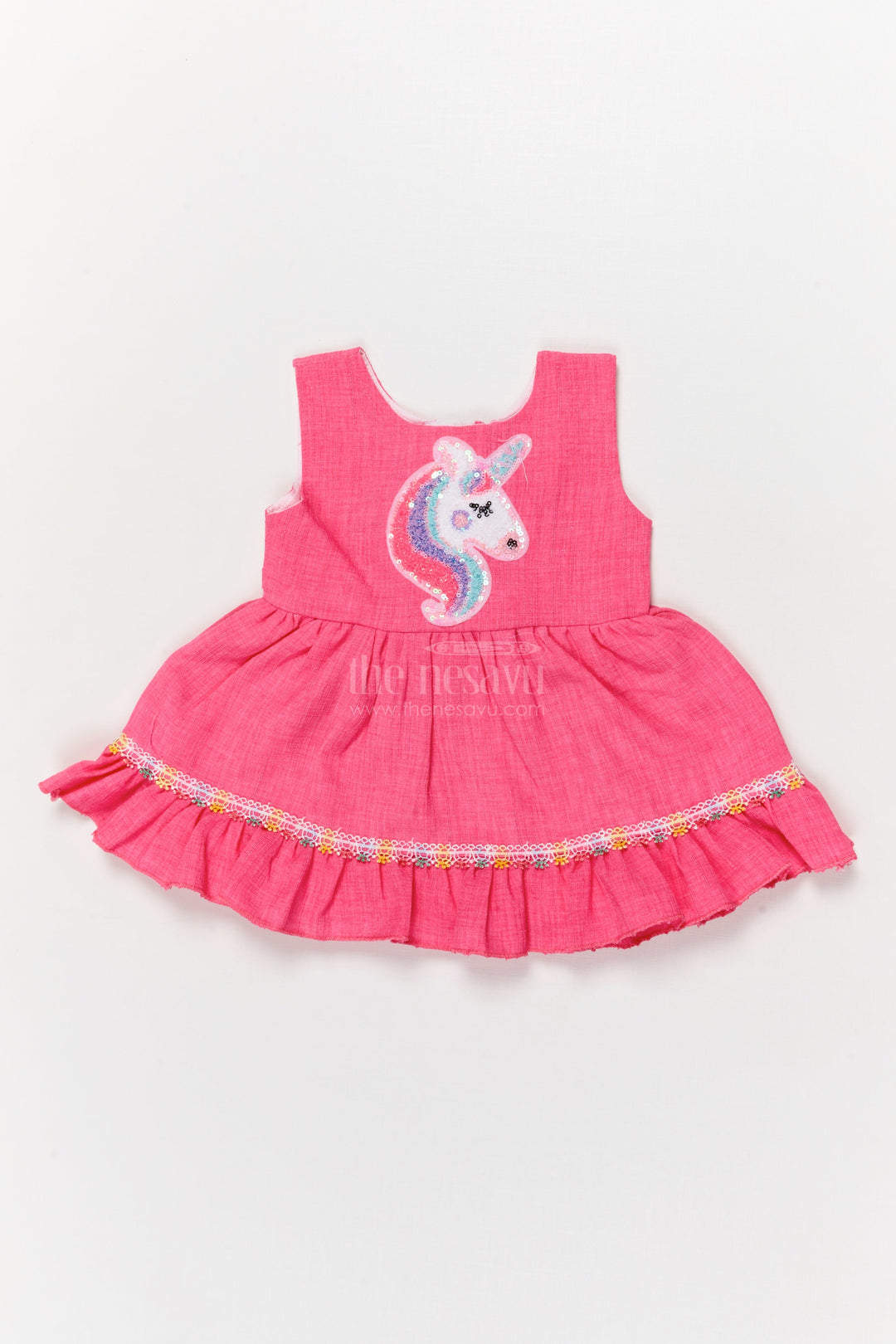 The Nesavu Baby Cotton Frocks Baby Frock with Unicorn Applique and Frilled Hem for Fantasy Playtime Nesavu 14 (6M) / Deeppink / Cotton Blend BFJ913B-14 Magical baby frock with unicorn patch and frill hem for fantasy-themed outfits