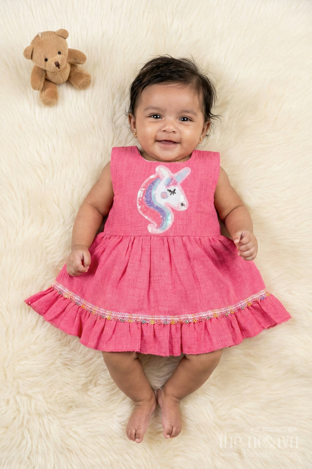 The Nesavu Baby Cotton Frocks Baby Frock with Unicorn Applique and Frilled Hem for Fantasy Playtime Nesavu 14 (6M) / Deeppink / Cotton Blend BFJ913B-14 Magical baby frock with unicorn patch and frill hem for fantasy-themed outfits