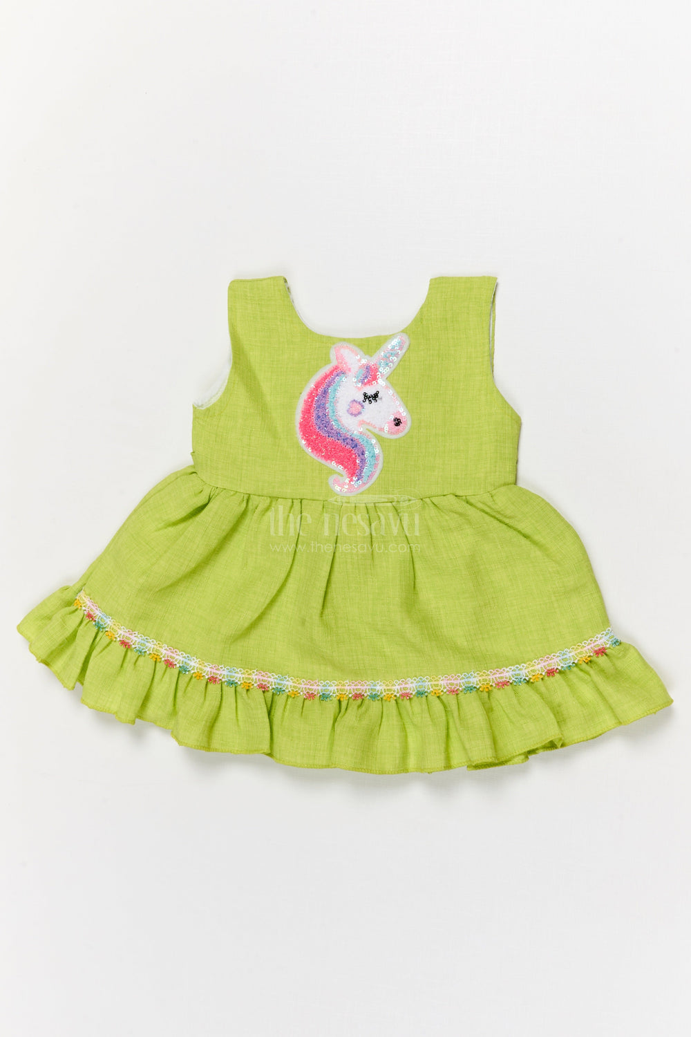 The Nesavu Baby Cotton Frocks Baby Frock with Unicorn Patch and Ruffle Hem for Magical Moments Nesavu 14 (6M) / Green / Cotton Blend BFJ913A-14 Nesavu unicorn-themed frock for baby girls with ruffle hem and embroidery