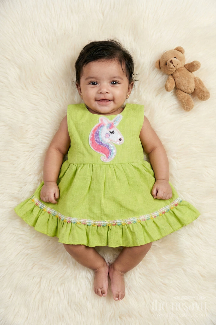 The Nesavu Baby Cotton Frocks Baby Frock with Unicorn Patch and Ruffle Hem for Magical Moments Nesavu 14 (6M) / Green / Cotton Blend BFJ913A-14 Nesavu unicorn-themed frock for baby girls with ruffle hem and embroidery