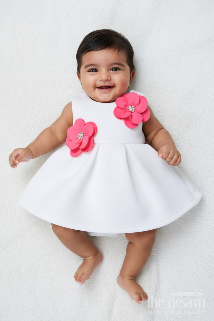 The Nesavu Girls Fancy Party Frock Baby Girl Birthday Frock with Floral Accents In Soft Scuba Fabric Nesavu 14 (6M) / Half white PF259B-14 Nesavu baby girl party frock flower detailing soft scuba dress birthdays