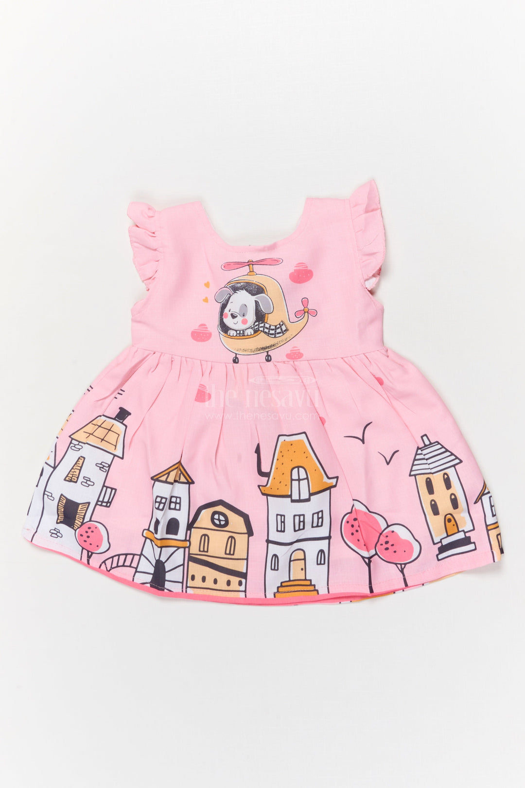 The Nesavu Baby Cotton Frocks Baby Girl Cartoon Print Cotton Frock with Frills for Everyday Charm Nesavu 14 (6M) / Peach BFJ897B-14 Nesavu baby girl frock with puppy helicopter and cartoon house digital print