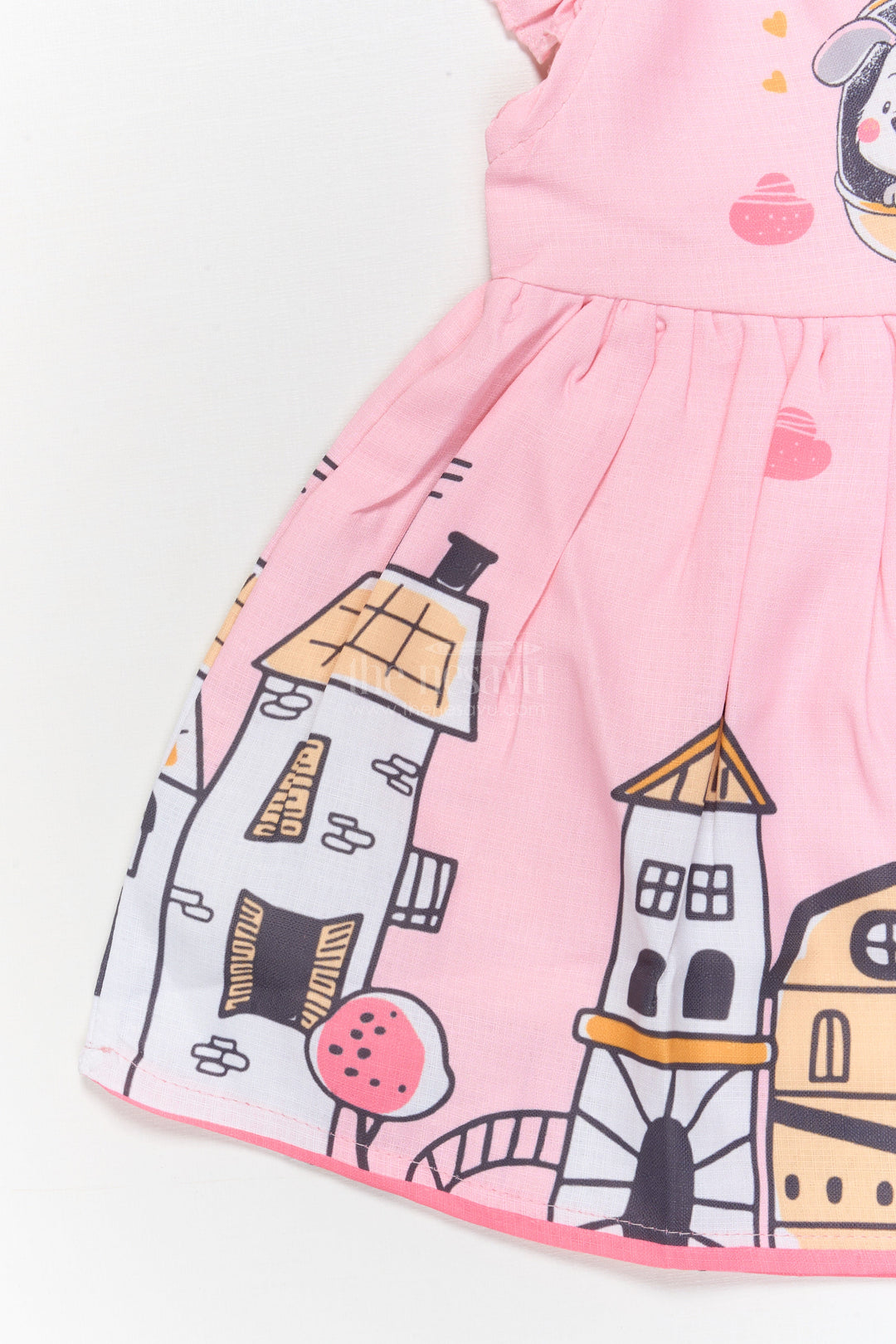 The Nesavu Baby Cotton Frocks Baby Girl Cartoon Print Cotton Frock with Frills for Everyday Charm Nesavu Nesavu baby girl frock with puppy helicopter and cartoon house digital print
