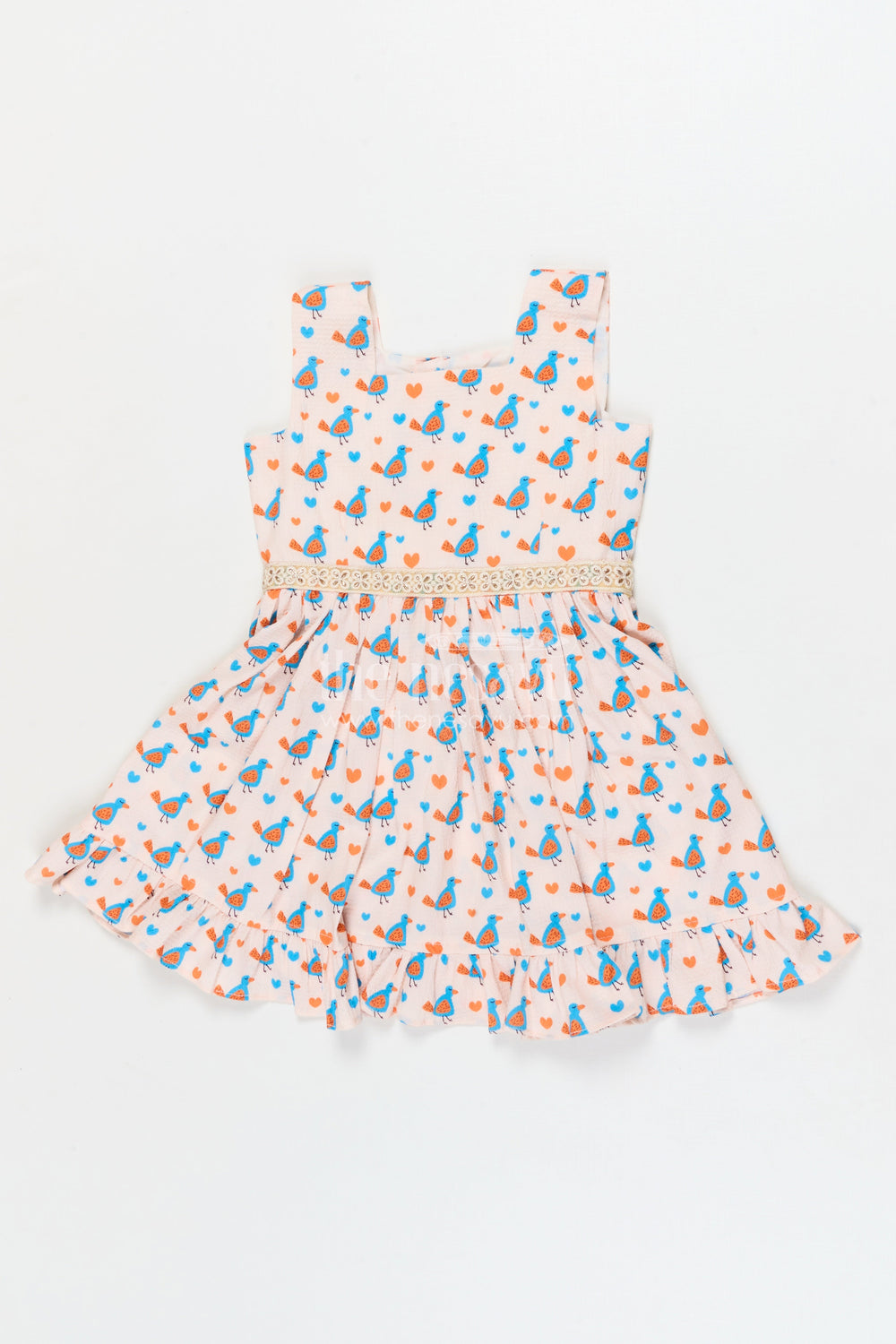 The Nesavu Girls Fancy Frock Baby Girl Casual Frock for Everyday Wear and Travel Nesavu 18 (2Y) / Half white / Cotton Blend GFC2072A-18 Nesavu baby girl cotton frock with bird print and frill hem for summer outings and play