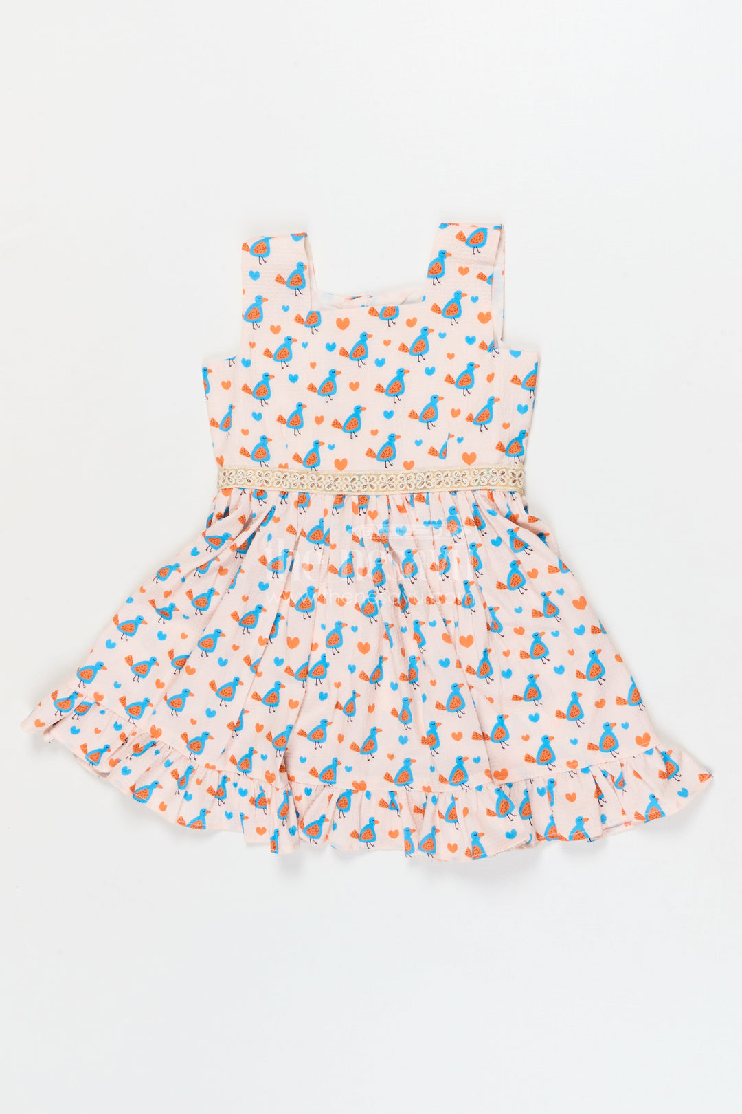 The Nesavu Girls Fancy Frock Baby Girl Casual Frock for Everyday Wear and Travel Nesavu 18 (2Y) / Half white / Cotton Blend GFC2072A-18 Nesavu baby girl cotton frock with bird print and frill hem for summer outings and play