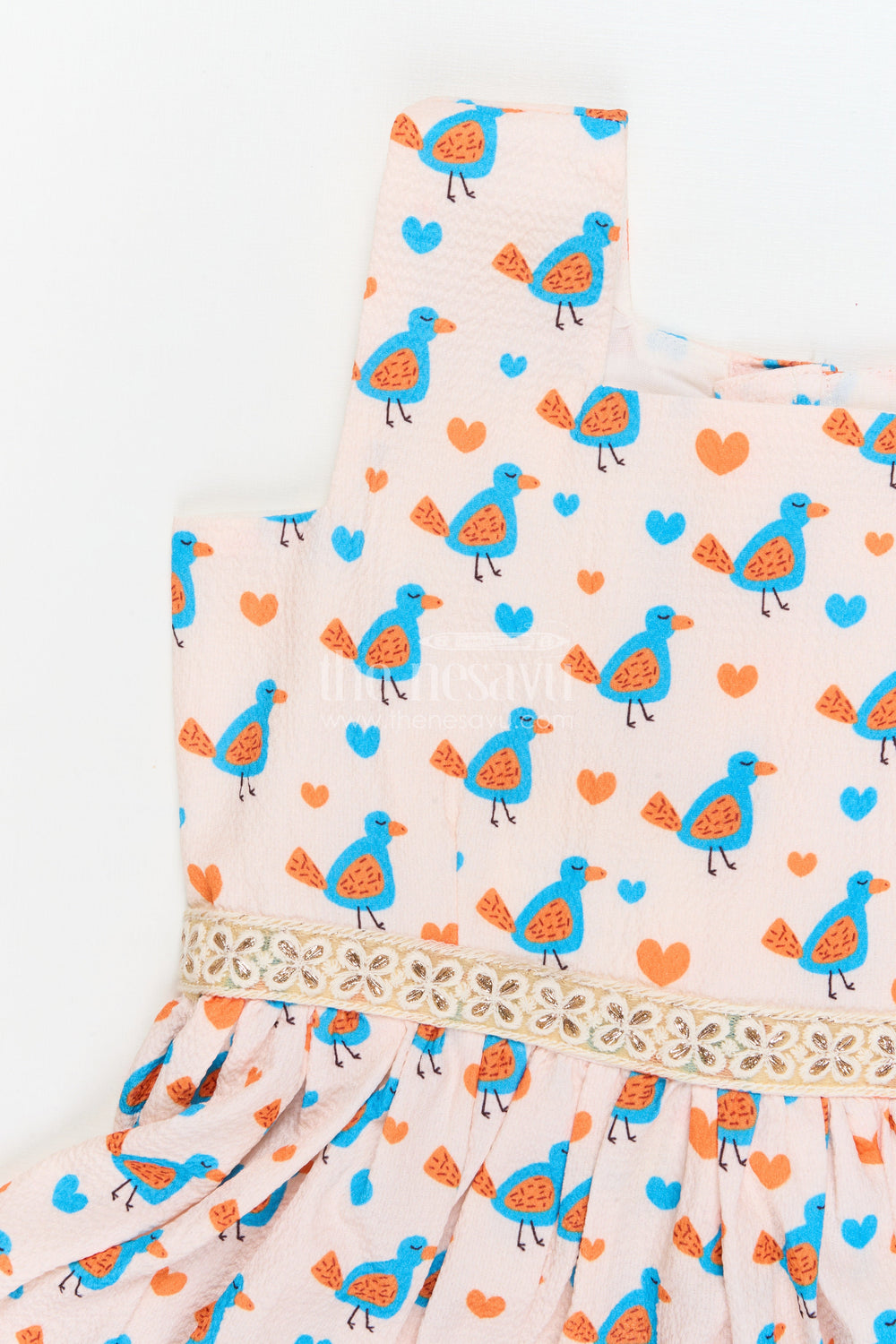 The Nesavu Girls Fancy Frock Baby Girl Casual Frock for Everyday Wear and Travel Nesavu Nesavu baby girl cotton frock with bird print and frill hem for summer outings and play
