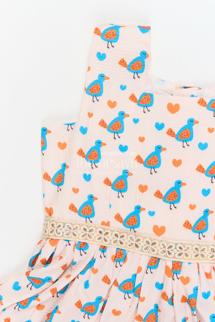 The Nesavu Girls Fancy Frock Baby Girl Casual Frock for Everyday Wear and Travel Nesavu Nesavu baby girl cotton frock with bird print and frill hem for summer outings and play