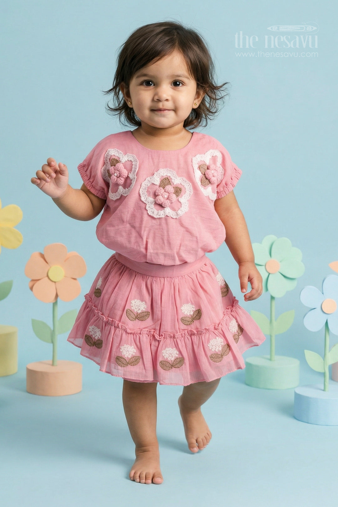 The Nesavu Baby Casual Sets Baby Girl Casual Outfit Set for Outings and Everyday Comfort Nesavu 18 (2Y) / Pink / Cotton BFJ980A-18 Nesavu baby girl cotton casual outfit set with thread embroidery for everyday outings