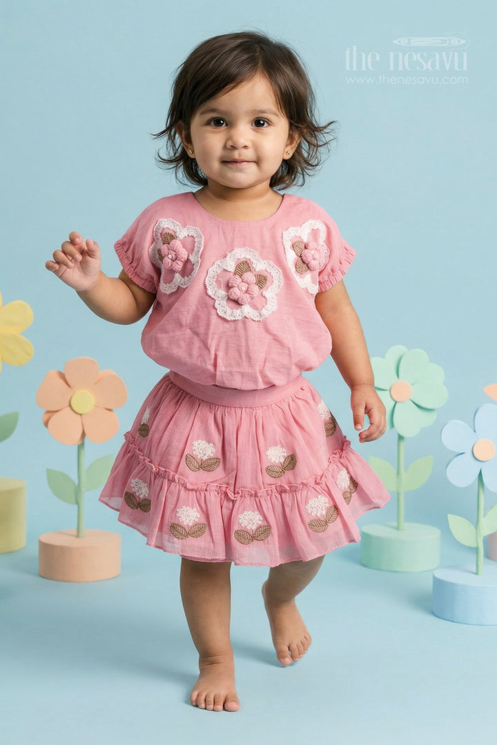 The Nesavu Baby Casual Sets Baby Girl Casual Outfit Set for Outings and Everyday Comfort Nesavu 18 (2Y) / Pink / Cotton BFJ980A-18 Nesavu baby girl cotton casual outfit set with thread embroidery for everyday outings