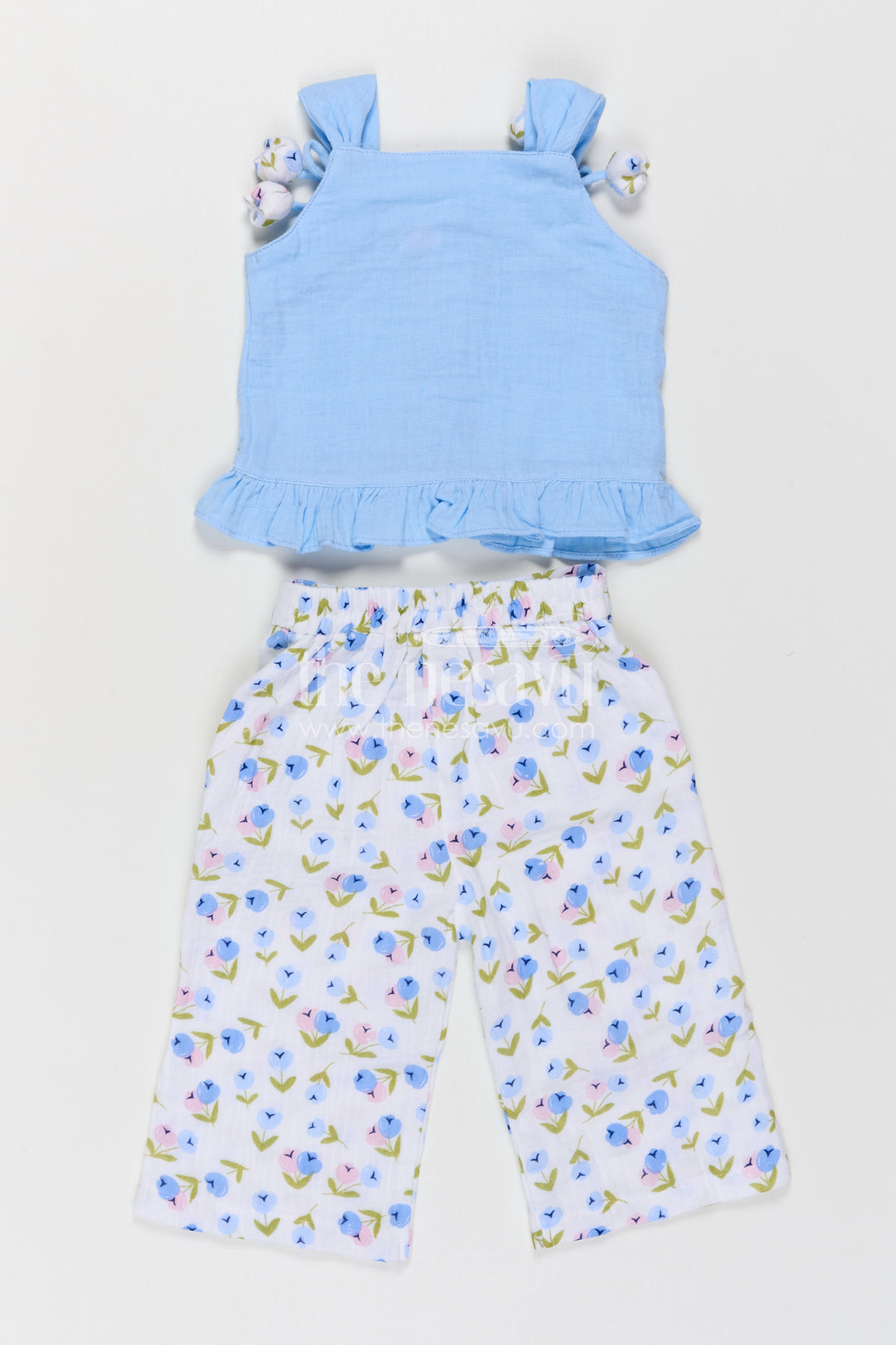 The Nesavu Girls Casual Set Baby Girl Casual Set for Summer Outings and Playtime Comfort Nesavu Nesavu Baby Girl Muslin Cotton Casual Set For Summer Outings With Digital Print And Tie Up Shoulder Design