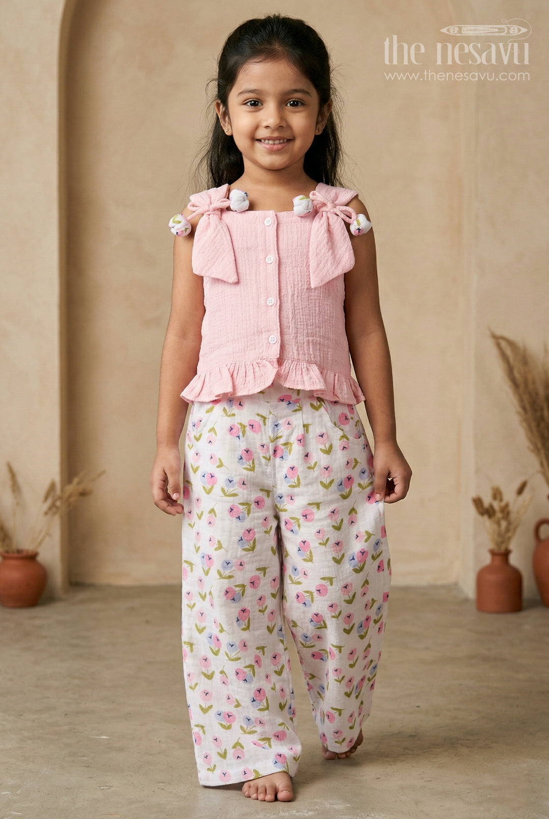 The Nesavu Girls Casual Set Baby Girl Casual Set for Summer Playdates and Outings Nesavu 16 (1Y) / Pink / Muslin Cotton GPS1029A-16 Nesavu Baby Girl Casual Set For Summer Playdates With Muslin Cotton Digital Print And Tie Up Top Design