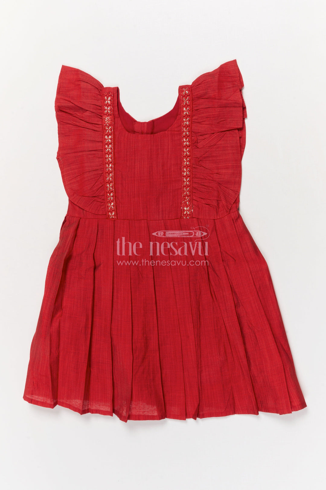 The Nesavu Girls Chanderi Frock Baby Girl Chanderi Cotton Frock for Ethnic Day and Casual Festive Wear Nesavu 16 (1Y) / Red / Chanderi GFC2062D-16 Nesavu baby girl chanderi cotton frock with embroidered straps and pleats for ethnic occasions