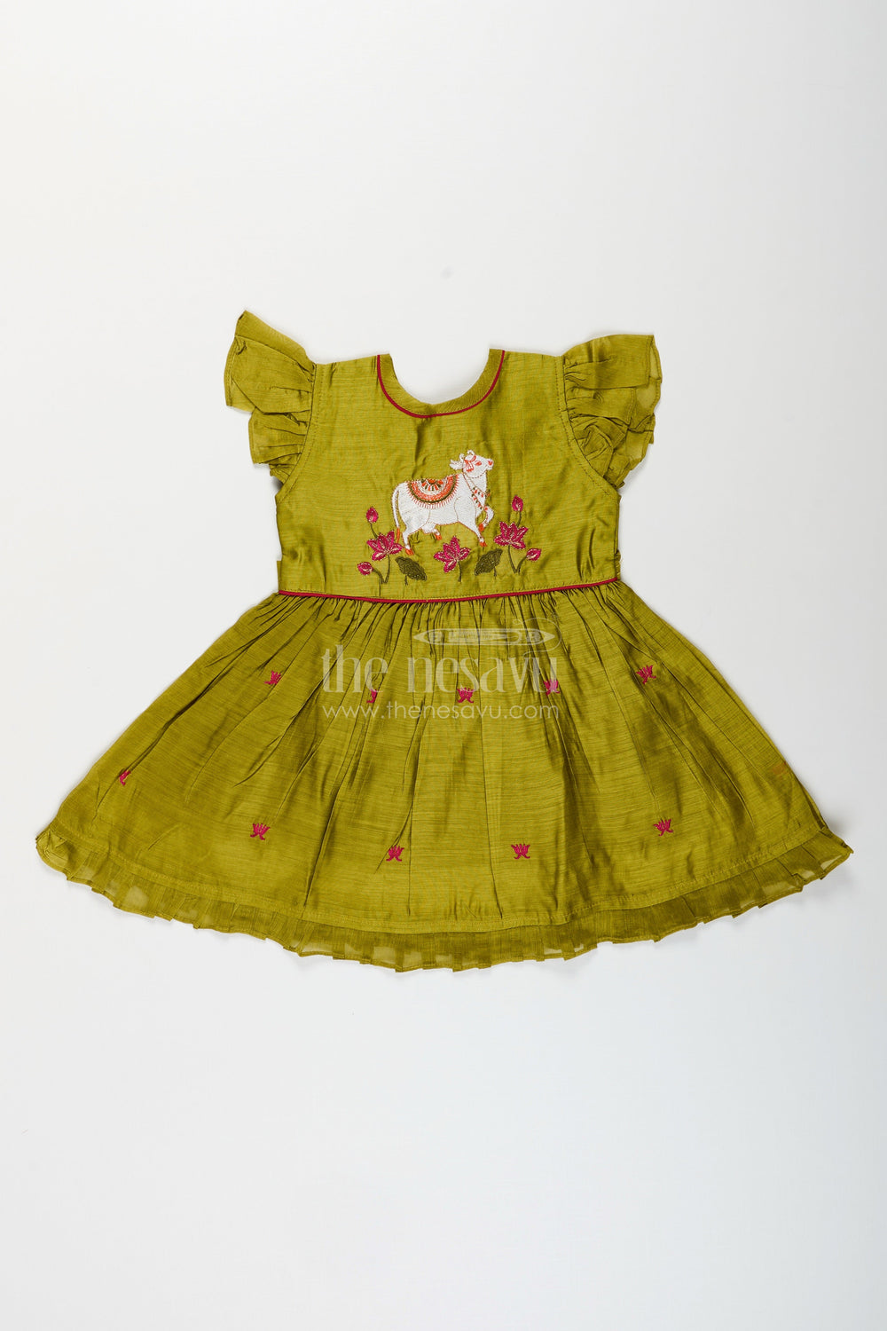 The Nesavu Girls Chanderi Frock Baby girl Chanderi cotton frock with cow embroidery for festivals Nesavu 16 (1Y) / Green GFC1953A-16 Nesavu baby girl Chanderi cotton frock with cow embroidery for festive occasions
