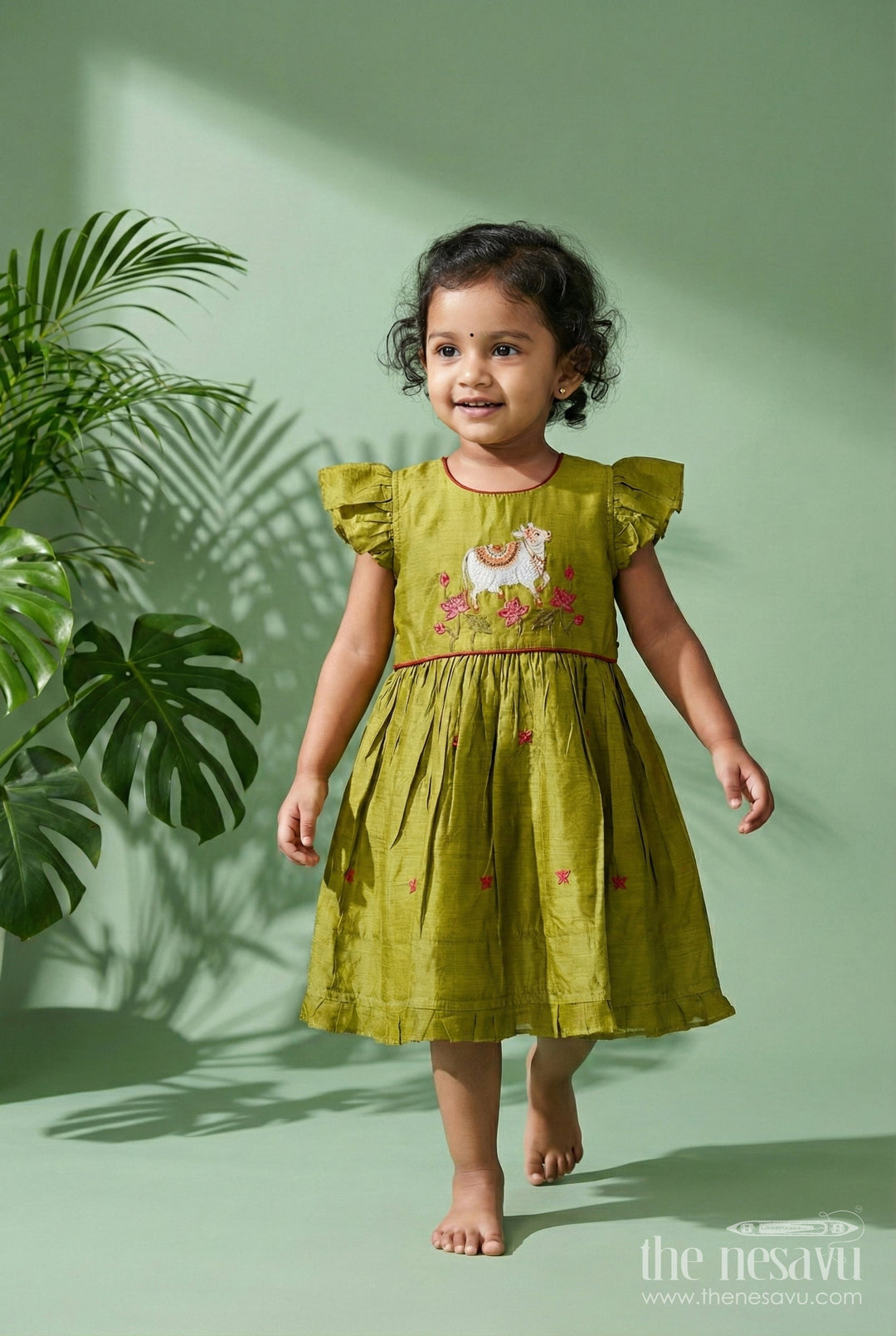 The Nesavu Girls Chanderi Frock Baby Girl Chanderi Cotton Frock with Cow Embroidery for Festivals Nesavu 16 (1Y) / Green GFC1953A-16 Nesavu baby girl Chanderi cotton frock with cow embroidery for festive occasions