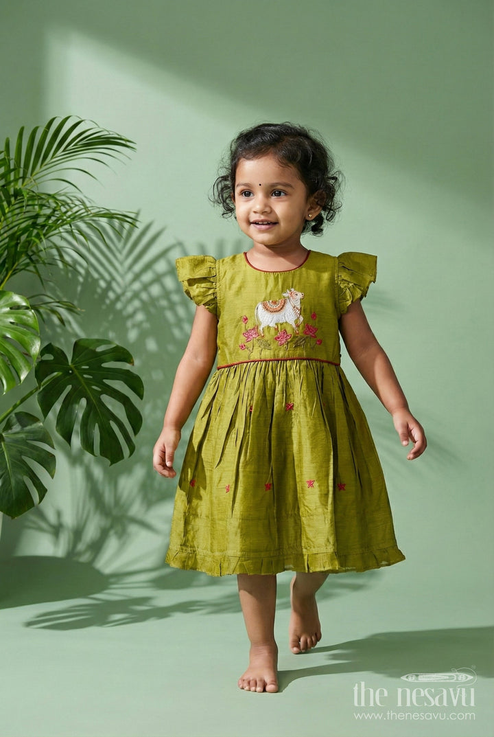 The Nesavu Girls Chanderi Frock Baby Girl Chanderi Cotton Frock with Cow Embroidery for Festivals Nesavu 16 (1Y) / Green GFC1953A-16 Nesavu baby girl Chanderi cotton frock with cow embroidery for festive occasions
