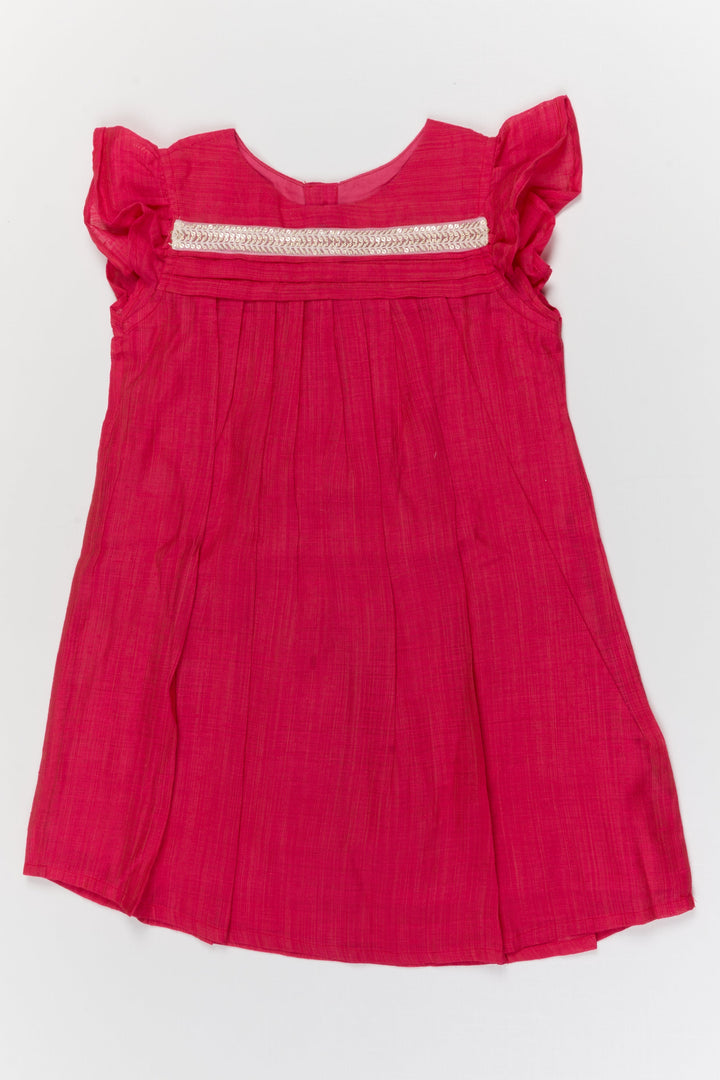 The Nesavu Girls Chanderi Frock Baby Girl Chanderi Cotton Frock with Pleated Yoke for Family Gatherings and Ethnic Days Nesavu 10 (NB) / Red / Chanderi GFC2096BB-10 Nesavu baby girl chanderi cotton frock with pleated yoke and lace for ethnic day and pooja wear