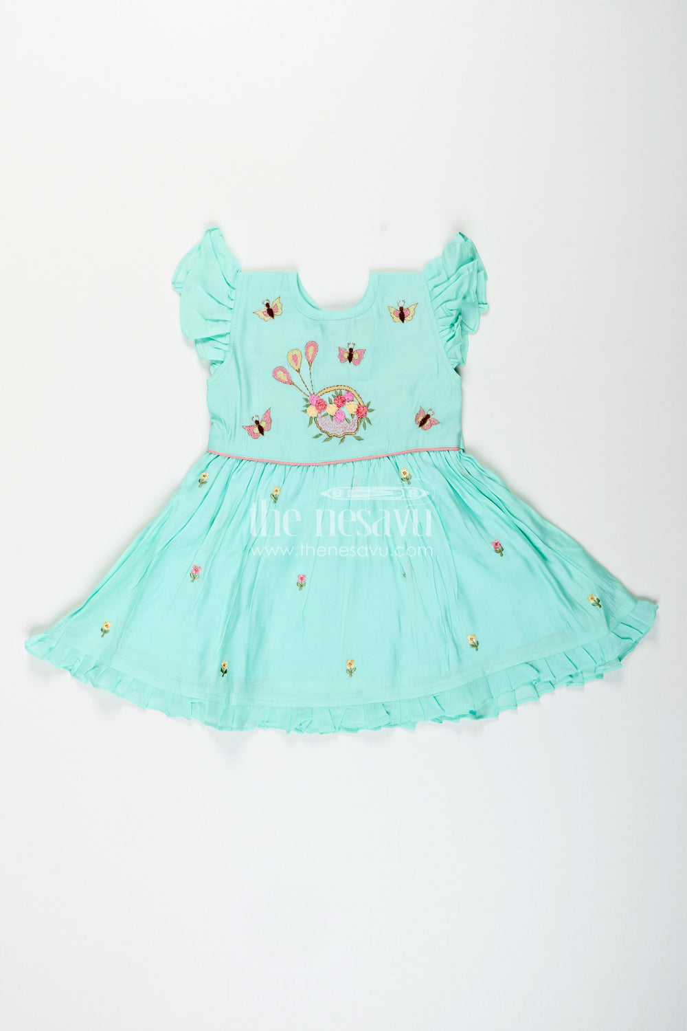 The Nesavu Girls Chanderi Frock Baby girl chanderi frock for birthday and festive occasions Nesavu 16 (1Y) / Blue GFC1952A-16 Nesavu baby girl chanderi frock with butterfly embroidery for birthdays and festive wear