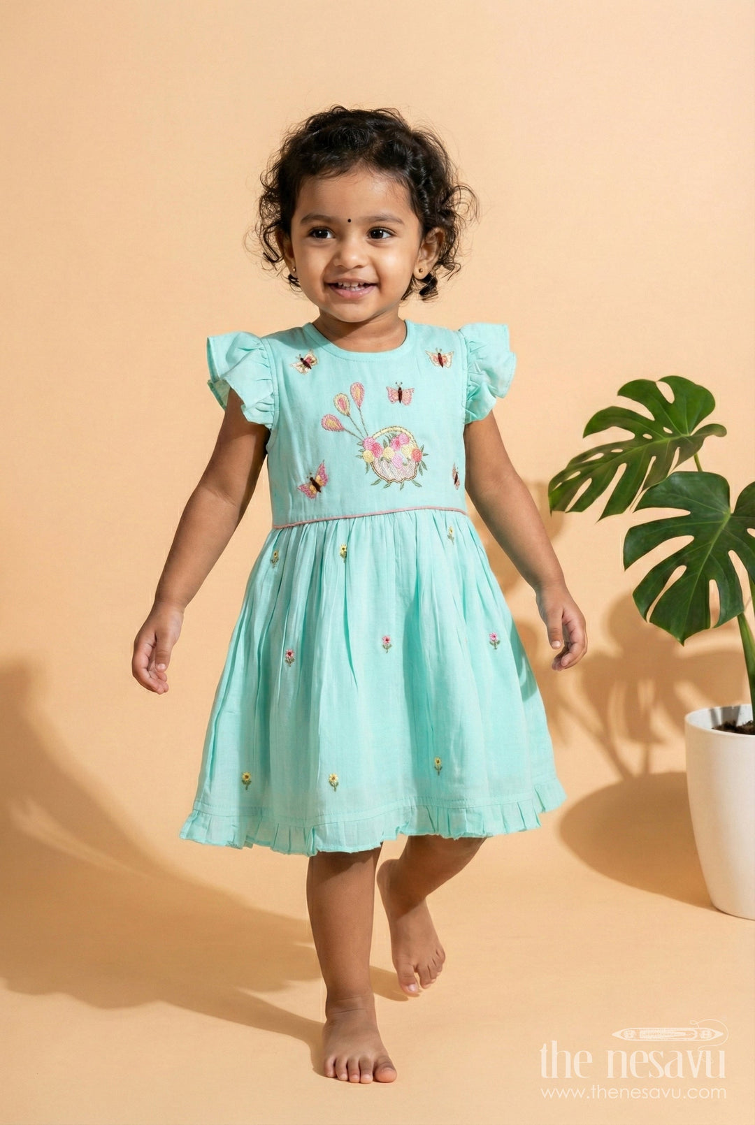 The Nesavu Girls Chanderi Frock Baby Girl Chanderi Frock for Birthday and Festive Occasions Nesavu 16 (1Y) / Blue GFC1952A-16 Nesavu baby girl chanderi frock with butterfly embroidery for birthdays and festive wear