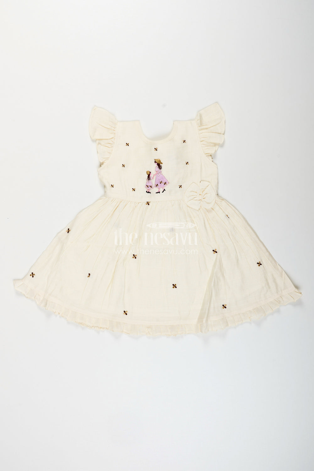 The Nesavu Girls Chanderi Frock Baby girl chanderi frock for naming ceremony and first birthday Nesavu 16 (1Y) / Half white GFC1949A-16 Nesavu baby girl half-white chanderi frock with mother-daughter embroidery for birthdays