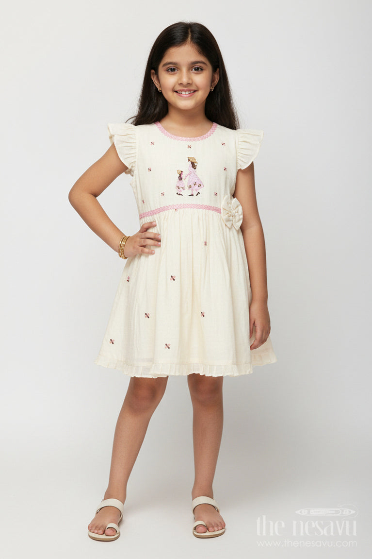 The Nesavu Girls Chanderi Frock Baby Girl Chanderi Frock for Naming Ceremony and First Birthday Nesavu 16 (1Y) / Half white GFC1949A-16 Nesavu baby girl half-white chanderi frock with mother-daughter embroidery for birthdays