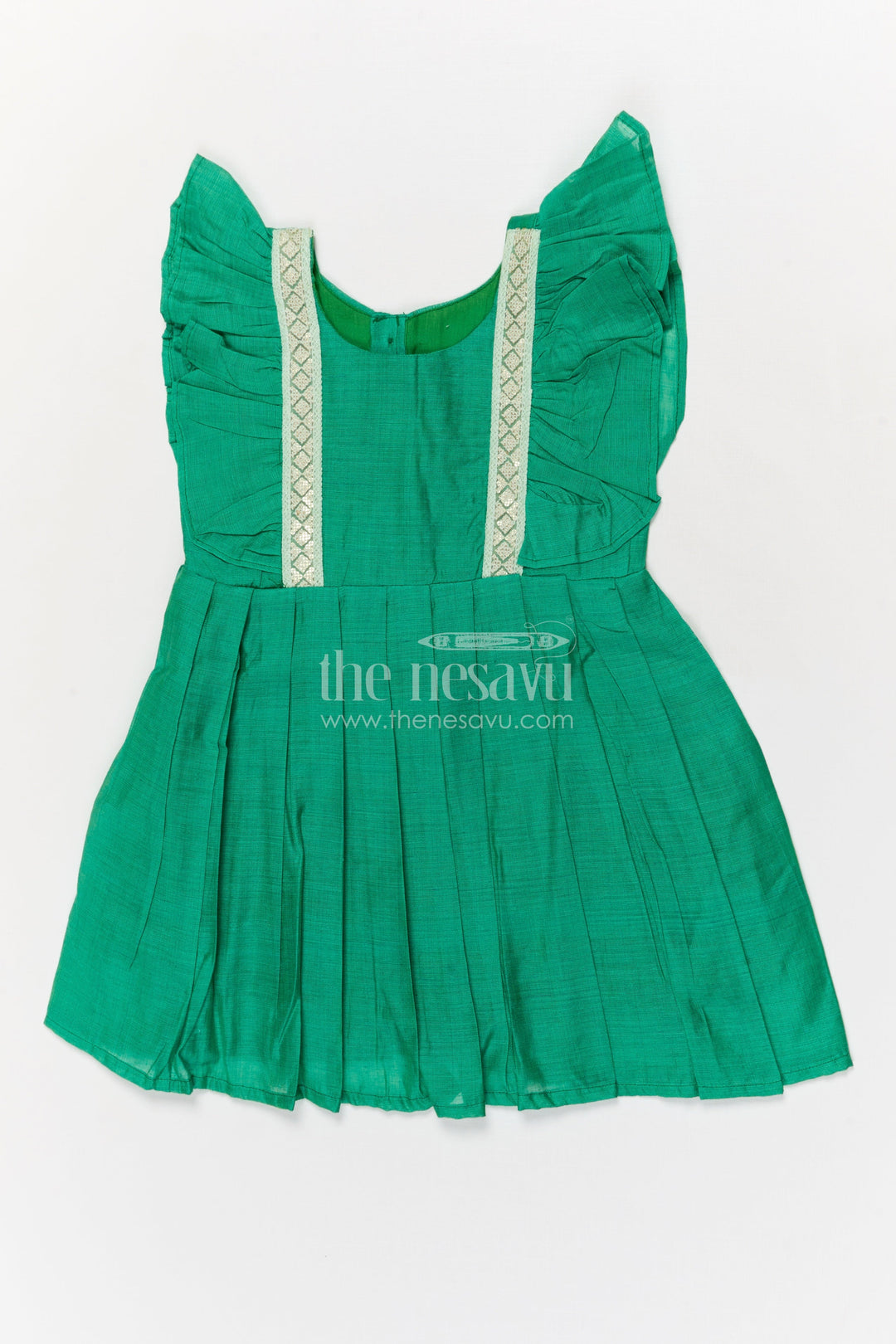 The Nesavu Girls Chanderi Frock Baby Girl Chanderi Frock for School Events and Festive Functions Nesavu 16 (1Y) / Green / Chanderi GFC2062A-16 Nesavu baby girl chanderi cotton frock with pleats and lace for festive school occasions