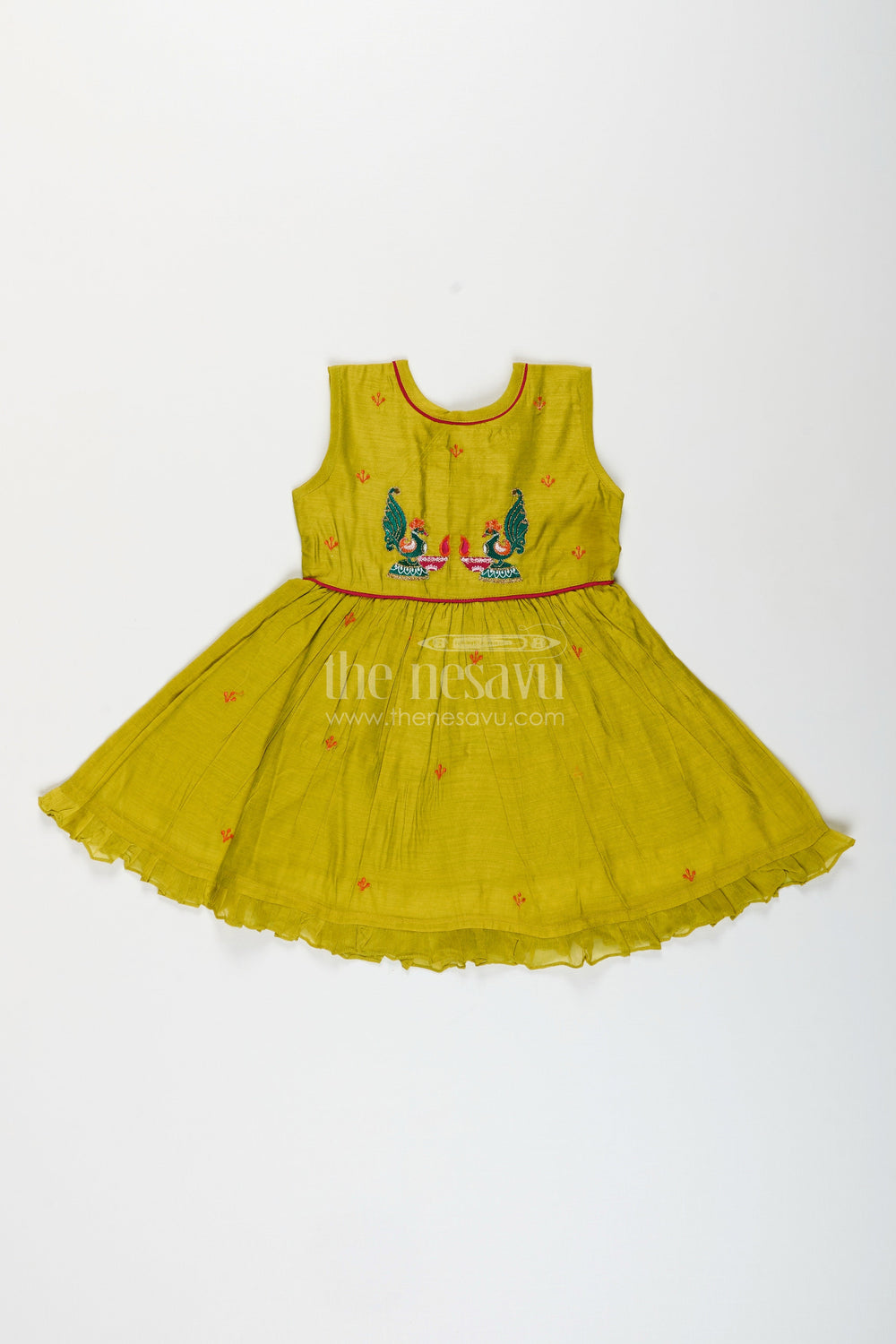 The Nesavu Girls Chanderi Frock Baby girl chanderi frock for traditional events and photoshoots Nesavu 16 (1Y) / Green GFC1648B-16 Nesavu baby girl sleeveless chanderi frock with peacock embroidery for traditional occasions