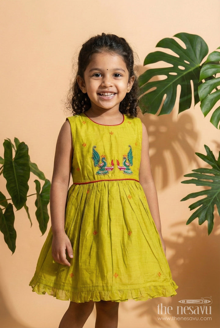 The Nesavu Girls Chanderi Frock Baby Girl Chanderi Frock for Traditional Events and Photoshoots Nesavu 16 (1Y) / Green GFC1648B-16 Nesavu baby girl sleeveless chanderi frock with peacock embroidery for traditional occasions