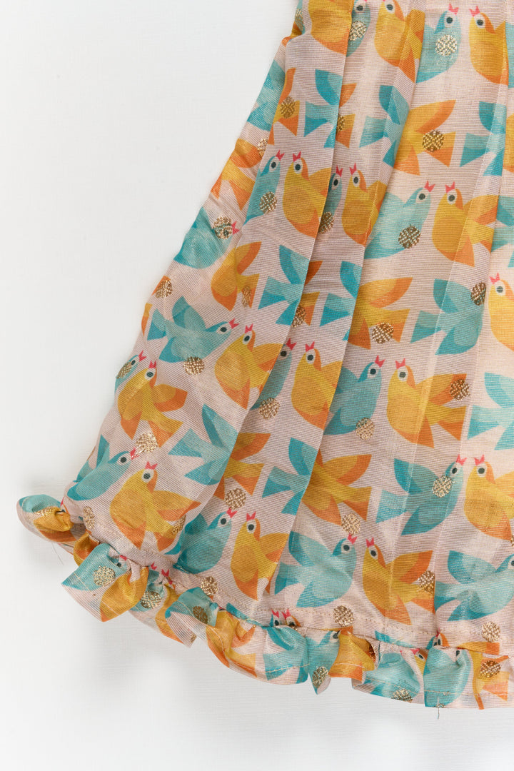 The Nesavu Silk Frock Baby Girl Chanderi Silk Frock with Bird Print for Birthdays and Day Outings Nesavu Nesavu baby girl chanderi cotton silk frock with bird print and ruffle sleeves for festive outings