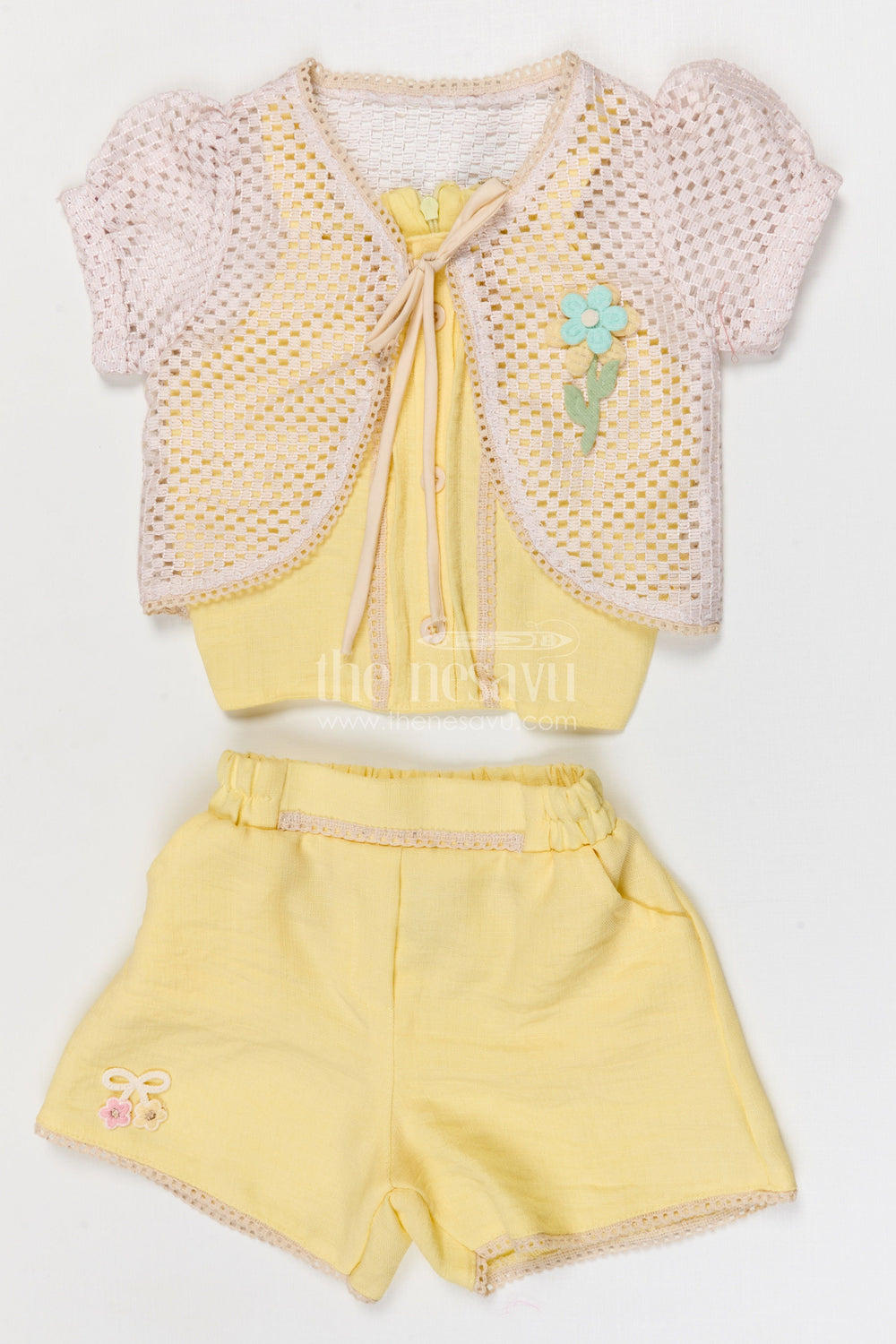 The Nesavu Girls Co-Ord Sets Baby Girl Co Ord Set for Playdates and Casual Day Outings Nesavu 18 (2Y) / Yellow / Cotton GCS021A-18 Nesavu baby girl co ord set for toddler playdates and summer outings with lace embroidery jacket in crepe cotton