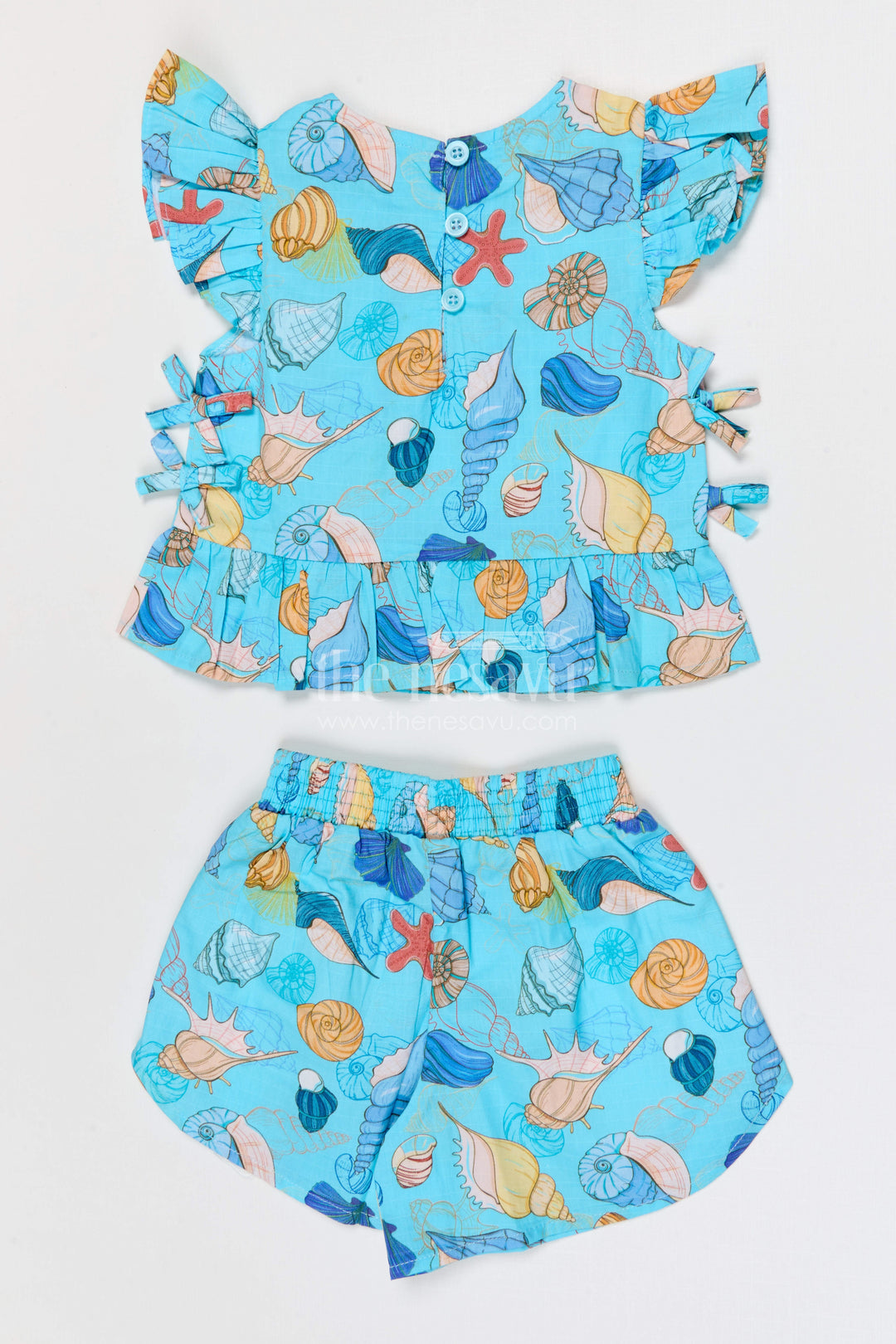 The Nesavu Girls Co-Ord Sets Baby Girl Co Ord Set for Summer Outings and Playtime for Toddler Nesavu Nesavu baby girl cotton co ord set for toddler summer outings and playtime with seashell digital print