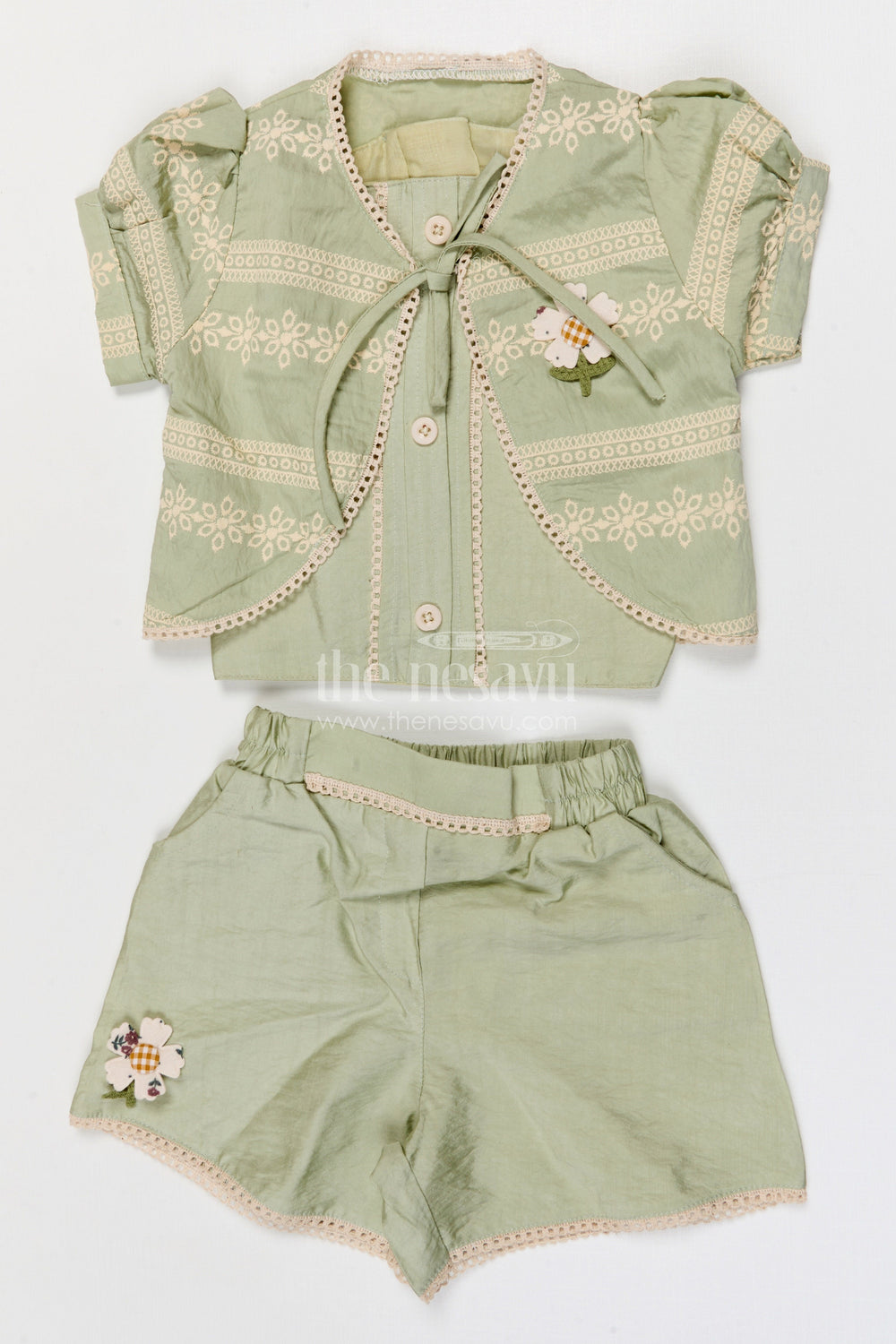 The Nesavu Girls Co-Ord Sets Baby Girl Co Ord Set for Summer Outings and Toddler Playtime Nesavu 18 (2Y) / Green / Cotton GCS020A-18 Nesavu baby girl co ord set for toddler summer outings and playdates in breathable crepe cotton designer print