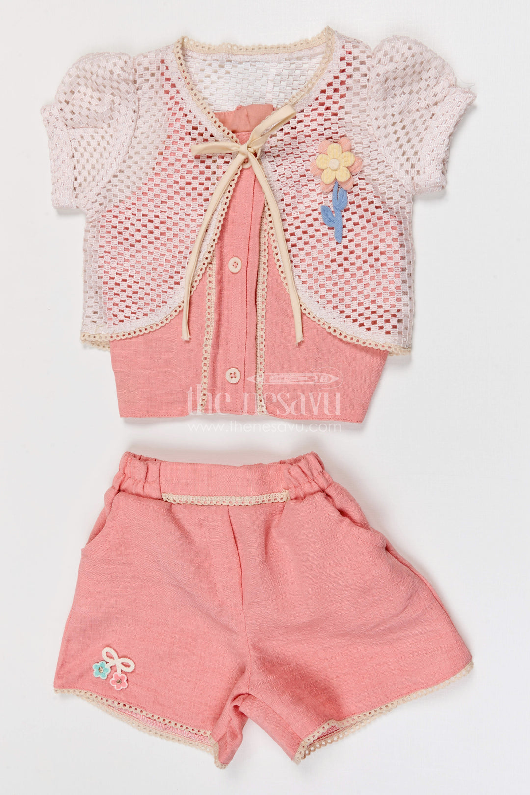 The Nesavu Girls Co-Ord Sets Baby Girl Co Ord Set for Toddler Outings and Everyday Play Nesavu 18 (2Y) / Pink / Cotton GCS021B-18 Nesavu baby girl co ord set for toddler outings and playtime with lace embroidery jacket in breathable crepe cotton