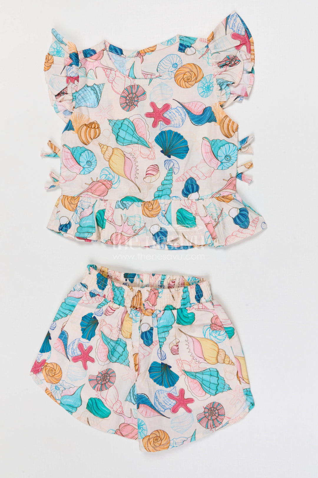 The Nesavu Girls Co-Ord Sets Baby Girl Co Ord Set for Toddler Outings and Summer Play Nesavu Nesavu baby girl cotton co ord set for toddler summer play and outings with ocean inspired digital print