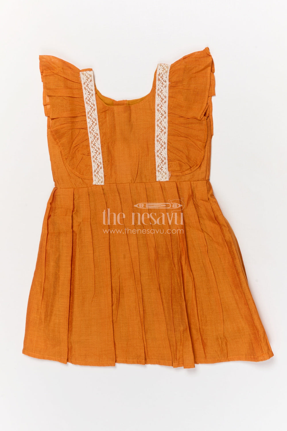 The Nesavu Girls Chanderi Frock Baby Girl Cotton Chanderi Frock for Cultural Days and Festive Dressing Nesavu 16 (1Y) / Orange / Chanderi GFC2062C-16 Nesavu cotton chanderi baby girl frock with pleats and embroidered lace for ethnic wear