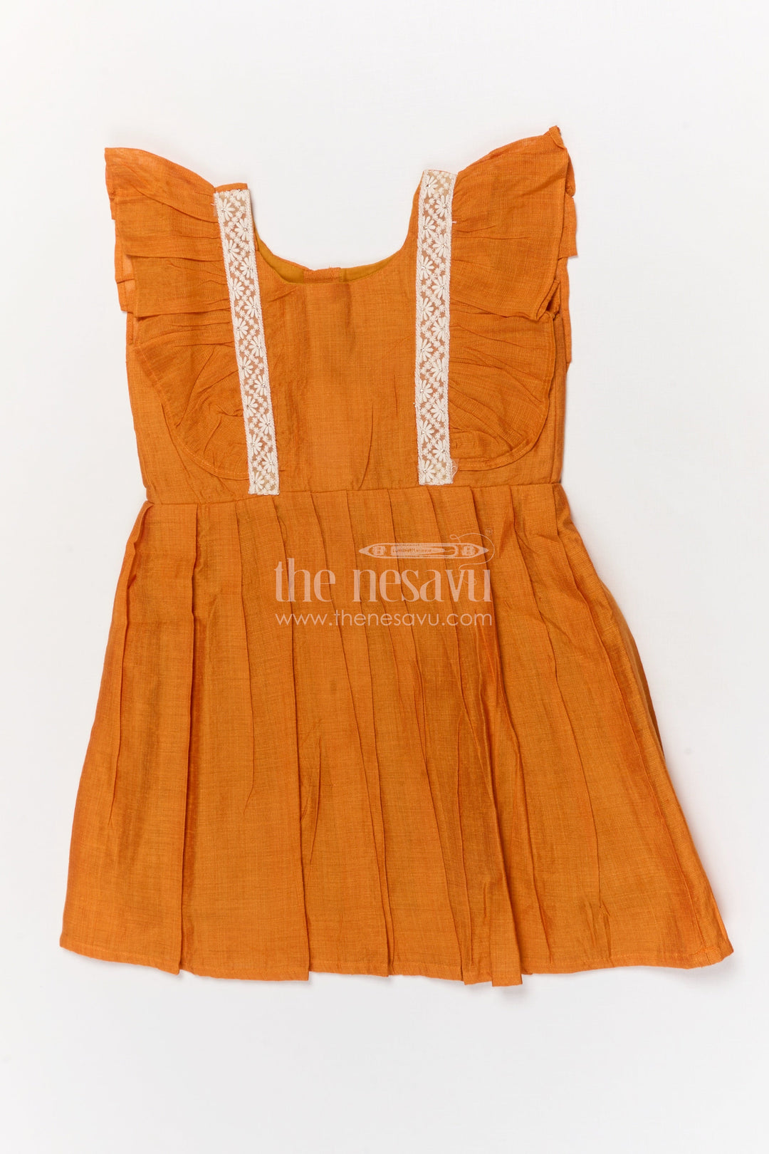 The Nesavu Girls Chanderi Frock Baby Girl Cotton Chanderi Frock for Cultural Days and Festive Dressing Nesavu 16 (1Y) / Orange / Chanderi GFC2062C-16 Nesavu cotton chanderi baby girl frock with pleats and embroidered lace for ethnic wear