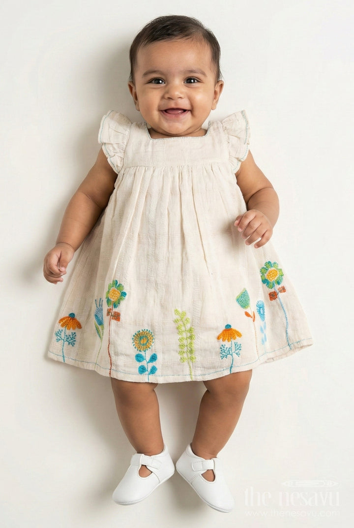 The Nesavu Baby Cotton Frocks Baby Girl Cotton Dress with Floral Embroidery Nesavu 10 (NB) / Green BFJ833A-10 Nesavu Baby Girl Sleeveless Cotton Dress Green Floral Thread Embroidery Soft Ruffles