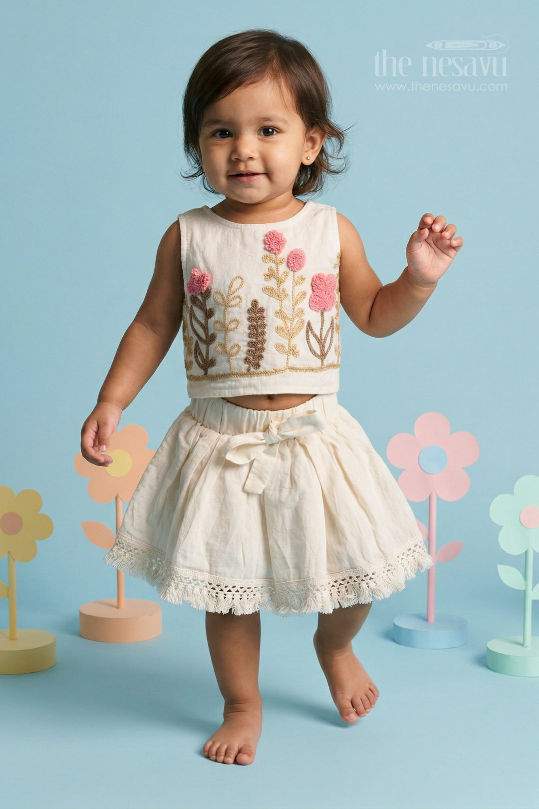 The Nesavu Baby Cotton Frocks Baby Girl Cotton Frock for Birthdays and Special Occasions Nesavu 16 (1Y) / Half white / Cotton BFJ985A-16 Nesavu baby girl cotton frock for birthdays with thread embroidery soft breathable fabric and flared design