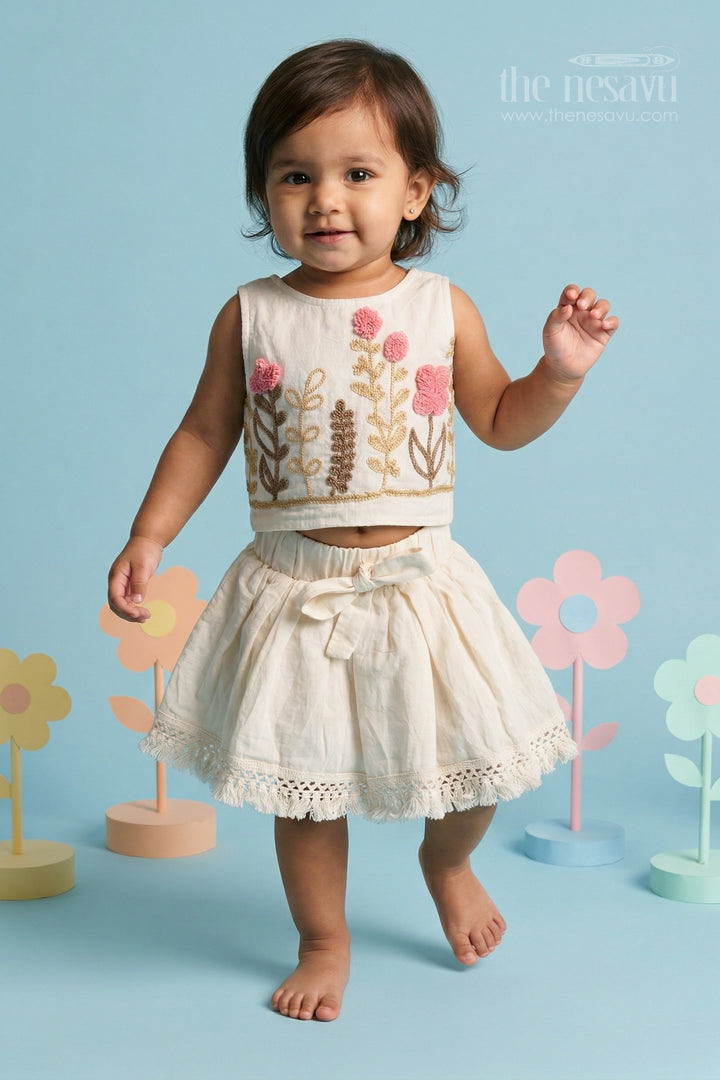 The Nesavu Baby Cotton Frocks Baby Girl Cotton Frock for Birthdays and Special Occasions Nesavu 16 (1Y) / Half white / Cotton BFJ985A-16 Nesavu baby girl cotton frock for birthdays with thread embroidery soft breathable fabric and flared design