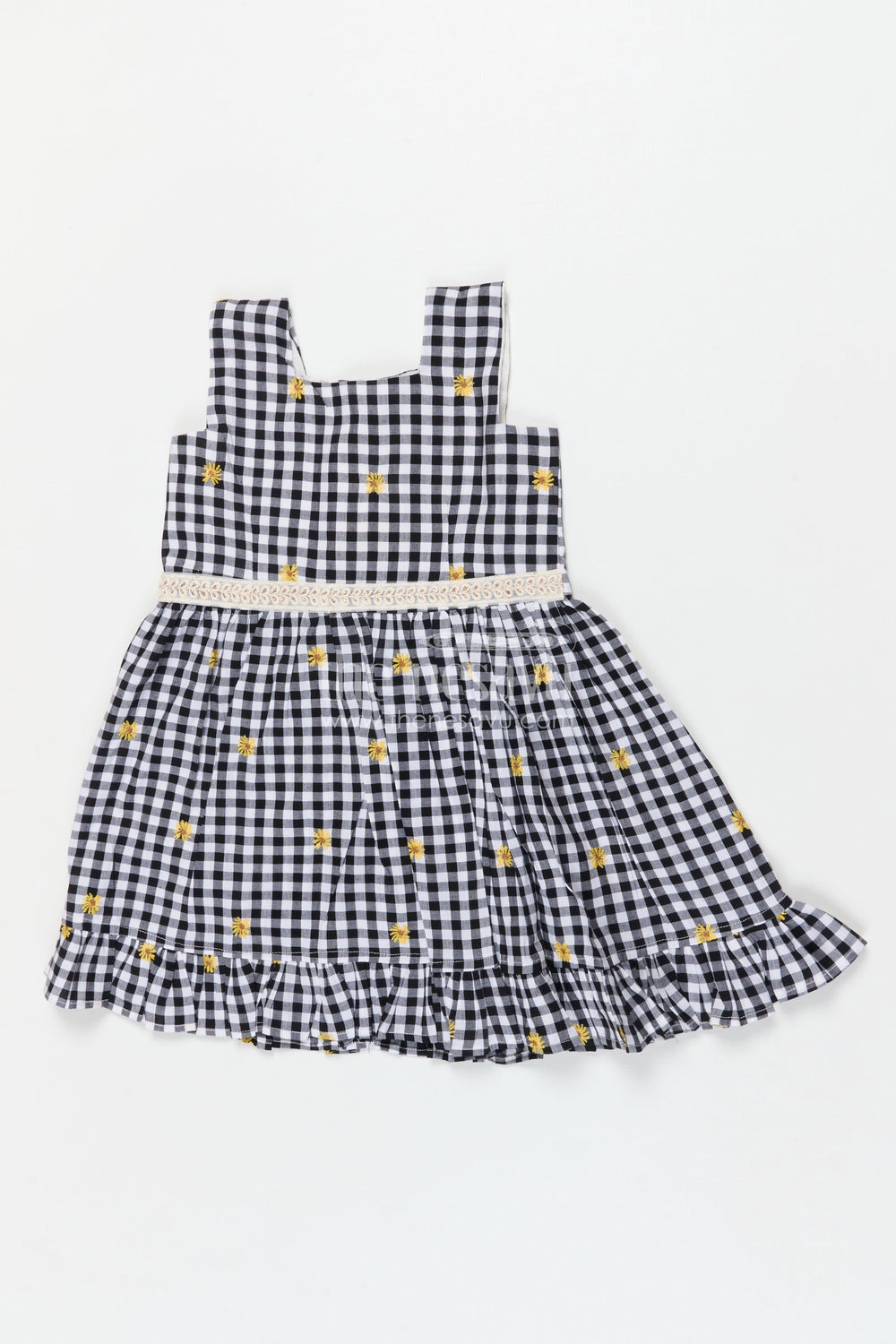The Nesavu Girls Cotton Frock Baby Girl Cotton Frock for Casual Outings and Daycare Wear Nesavu 18 (2Y) / Black / Cotton GFC2073A-18 Nesavu baby girl cotton frock with daisy embroidery and checks for casual wear