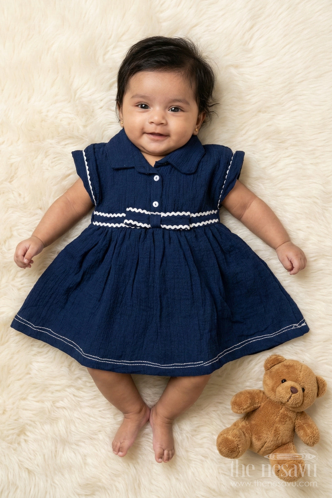 The Nesavu Baby Cotton Frocks Baby Girl Cotton Frock for Casual Outings and Festive Play Nesavu 14 (6M) / Blue / Cotton BFJ927A-14 Nesavu baby girl cotton frock in flared silhouette for playtime and casual festive dressing